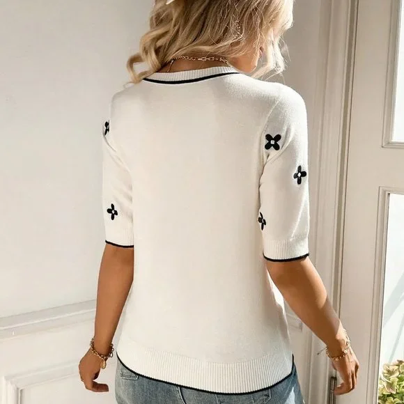 Beige Preppy Womens Floral Pattern Striped Trim Knit Top - Picture 2 of 5